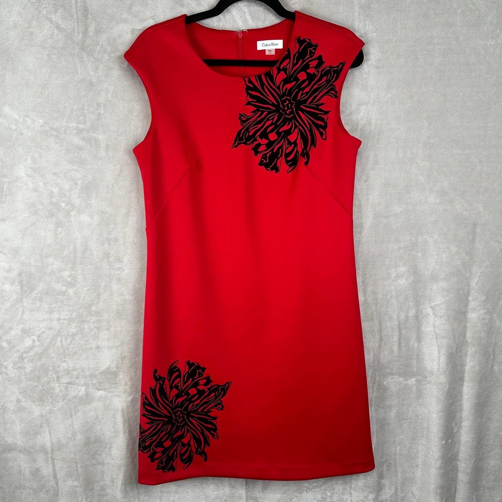 Calvin Klein Dress Womens 10 Red Black Floral Velvet Scuba Mini Office Party